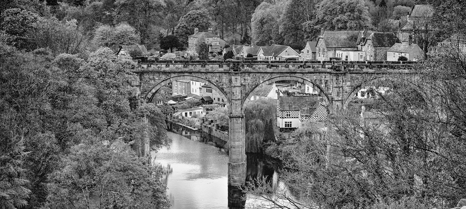 Knaresborough viaduct crossing the River Nidd — etched monochrome study