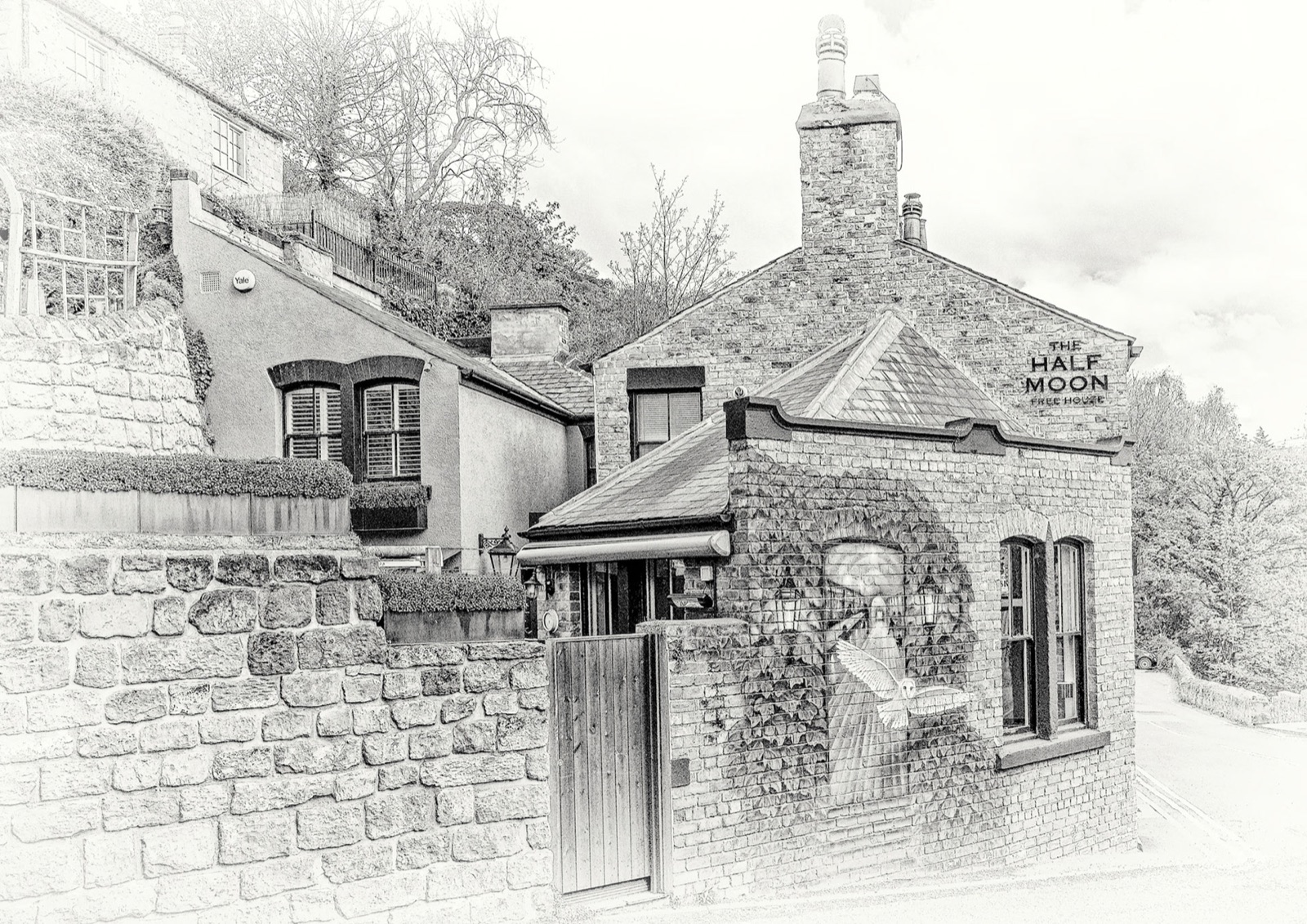 Old stone cottages stacked along a Knaresborough lane — etched monochrome