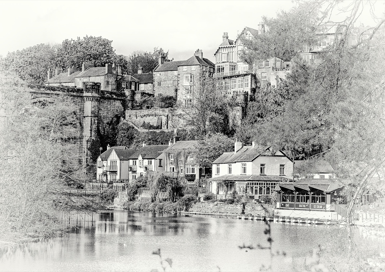 Waterside cafés and rowing boats beneath the viaduct — classic Knaresborough view