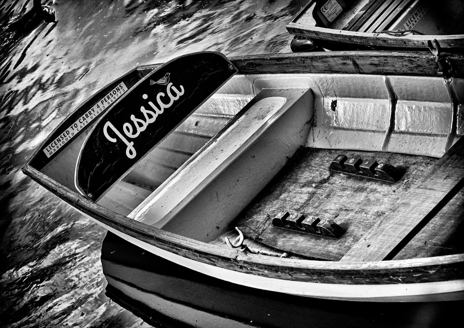 The rowing boat Jessica moored on the River Nidd — Knaresborough boat hire detail