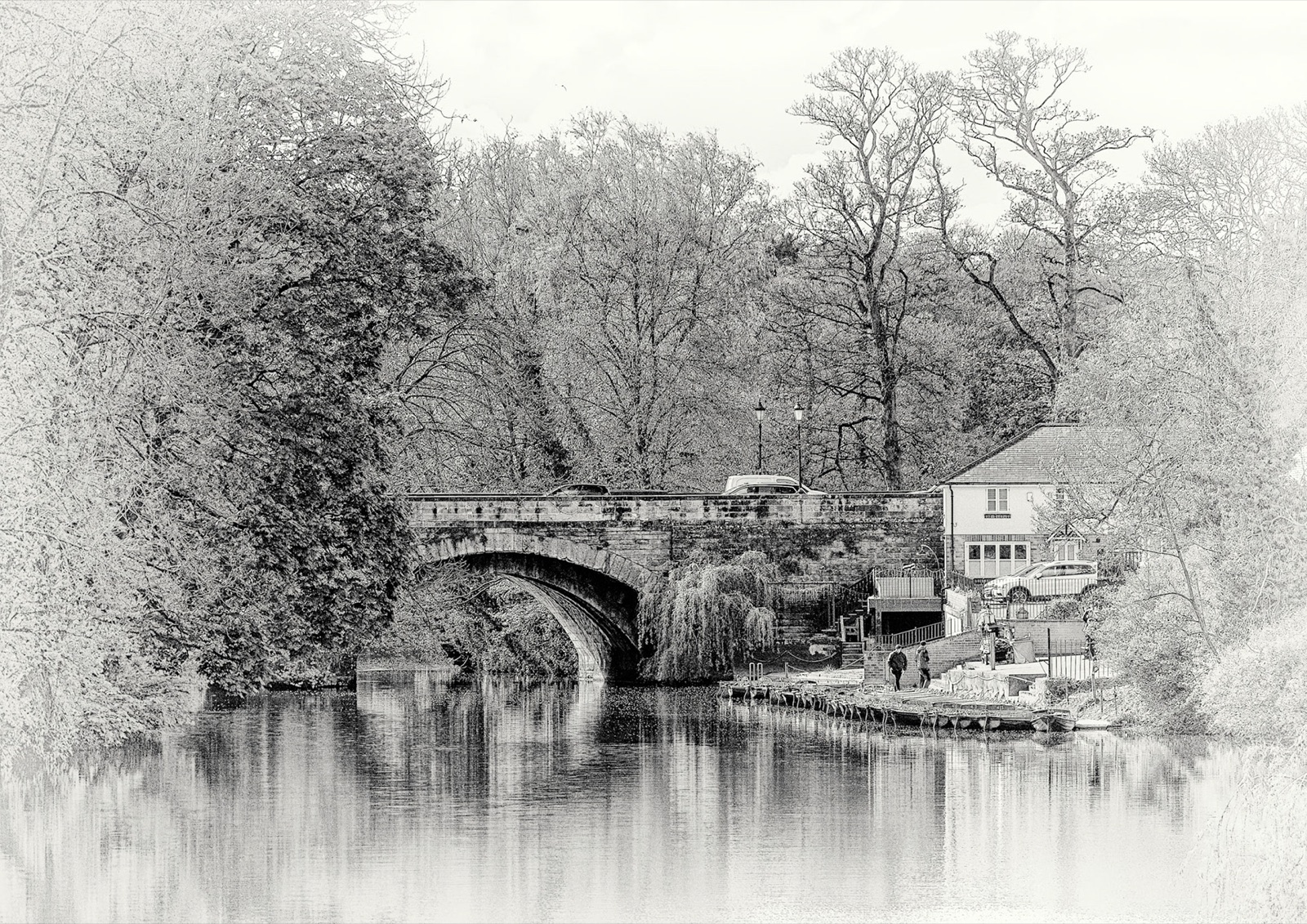 Stone bridge and cottage mirrored in the still River Nidd — Knaresborough