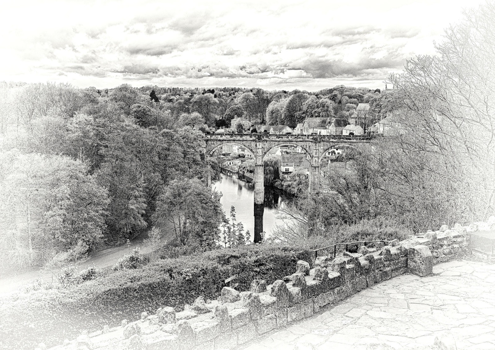 The viaduct and weir in a wide etched view — Knaresborough on the Nidd