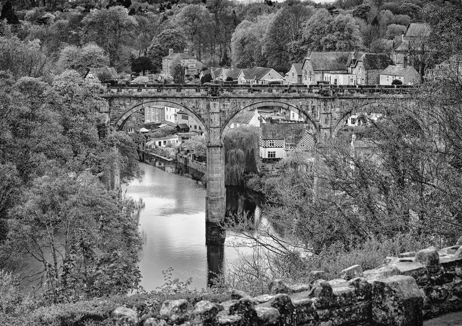 The viaduct riding above the treetops, seen from the castle grounds — Knaresborough